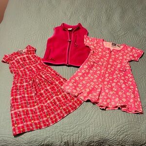 Lot of 4T clothes. Old navy vest. Red dress and pink floral romper
